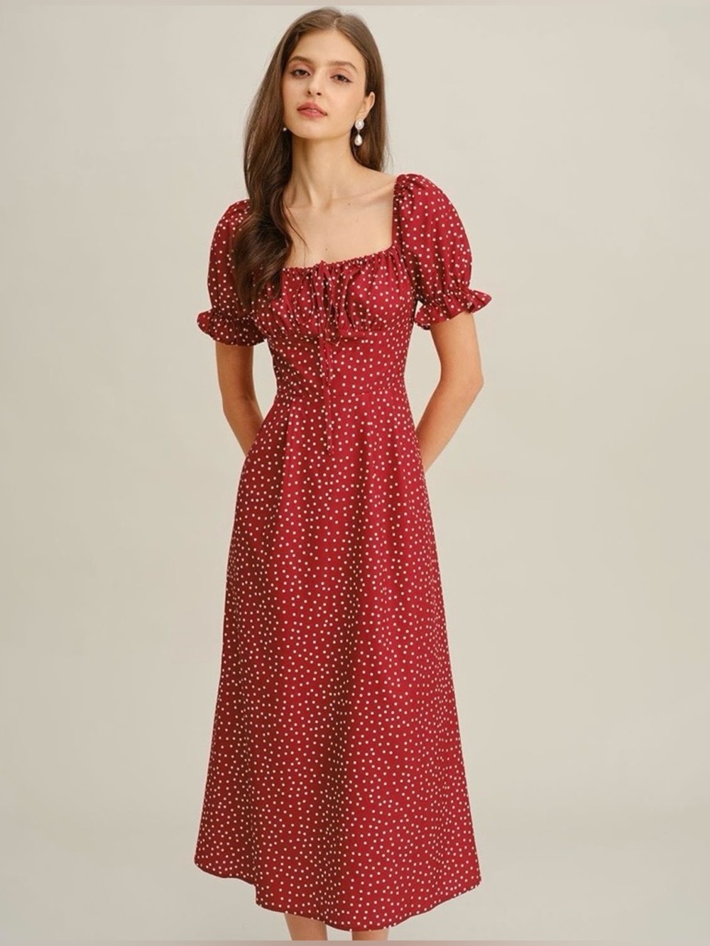 NWT Red Polka Dot Puff Sleeve Midi Dress